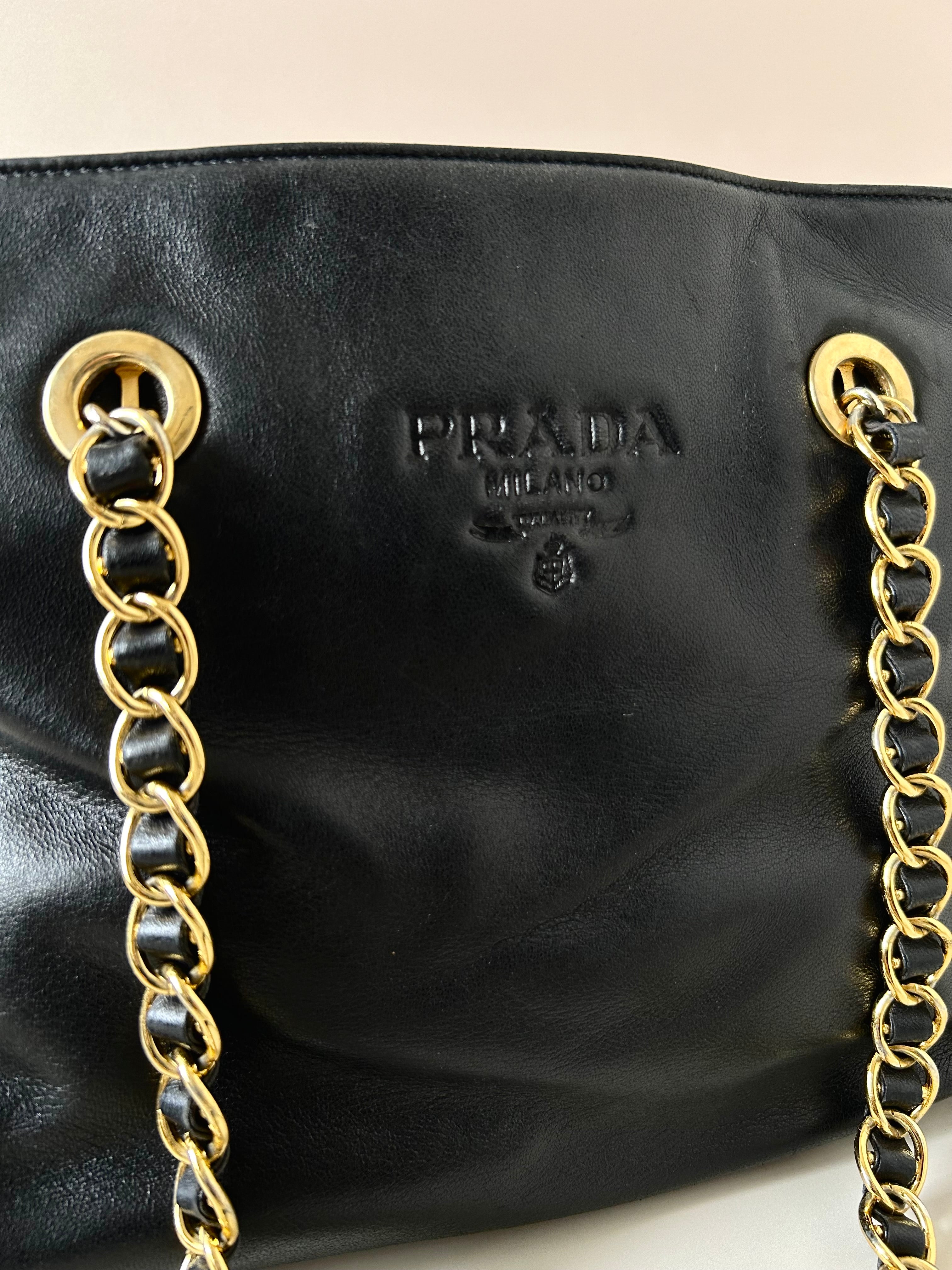 PRADA rare black engraved gold chain tote shoulder bag / side bag
