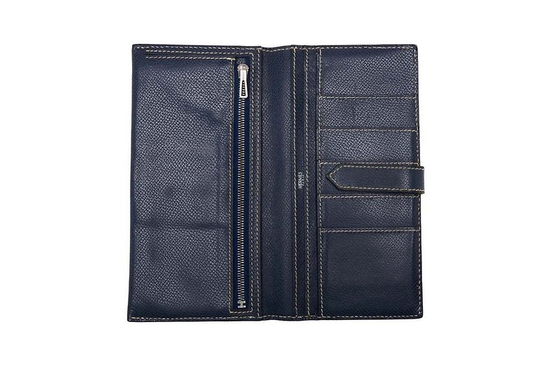 HERMES Bearn blue and black silver buckle sheepskin leather long wallet / wallet