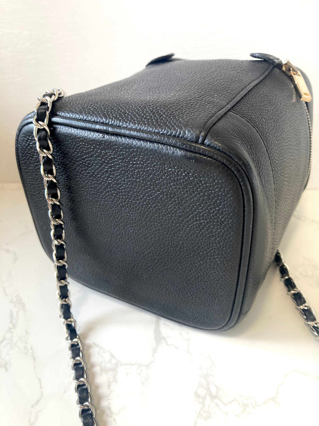 CHANEL Black Caviar Leather Vertical Vanity Case / Chain Crossbody Bag