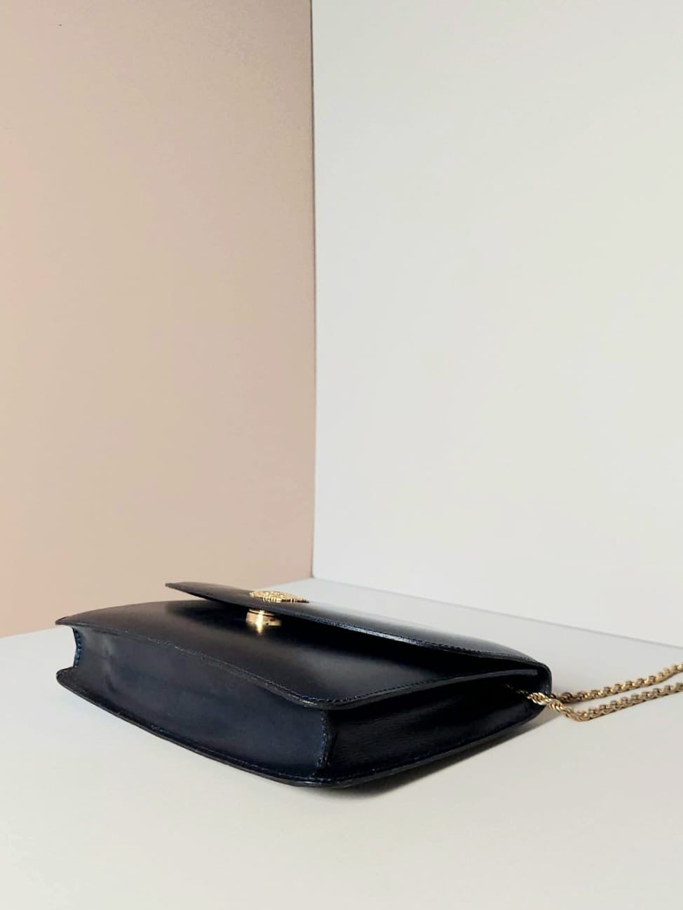 CELINE rare gold Arc de Triomphe badge dark blue leather small bag / side bag / oblique bag