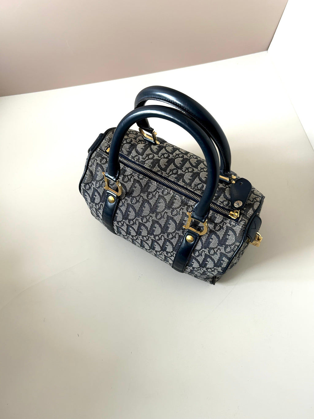 CHRISTIAN DIOR 稀有深藍色老花皮革小波士頓圓桶包/手提包