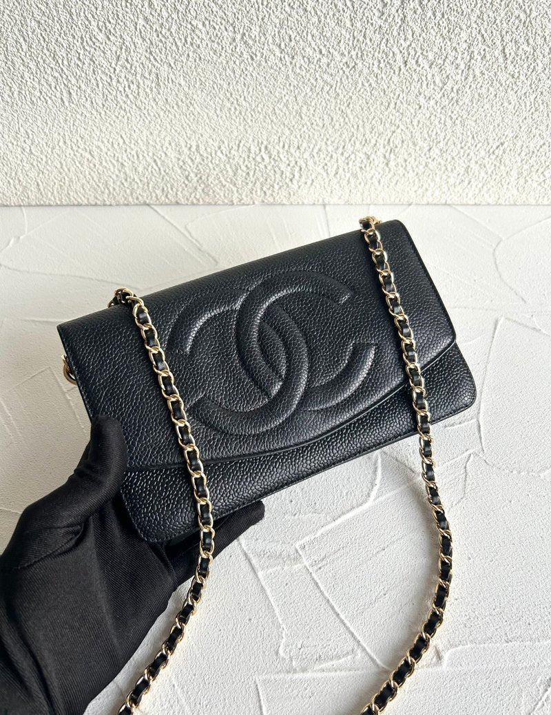 全套配件✨稀有Chanel黑色金扣魚子醬皮革WOC/側背包/斜背包/錢包