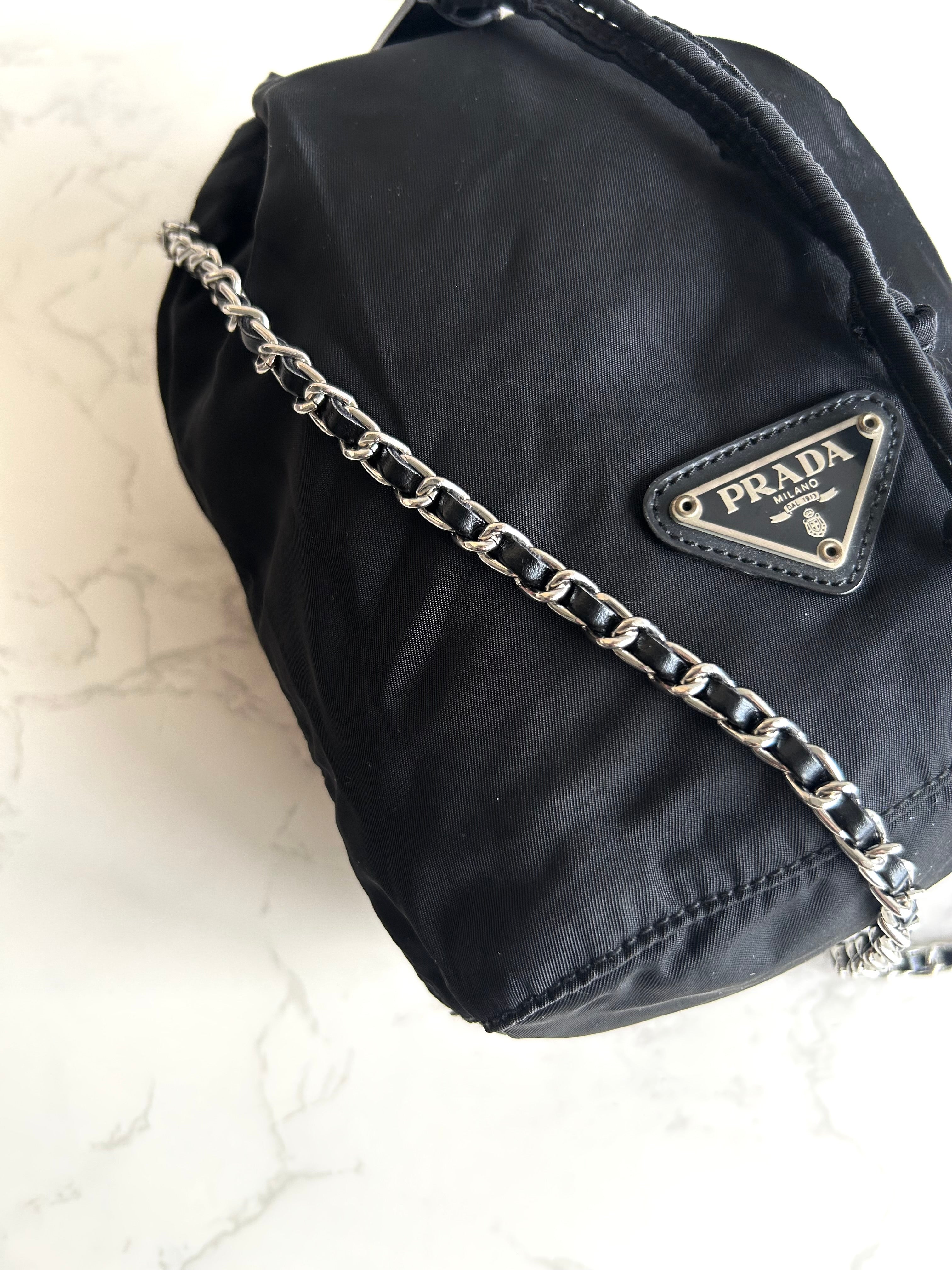 Used Prada Black and Silver Chain Mini Bucket Bag, Shoulder Bag, Crossbody Bag