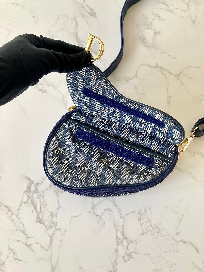 CHRISTIAN DIOR 深藍灰色老花金扣馬鞍小包/單肩包/側背包/斜背包