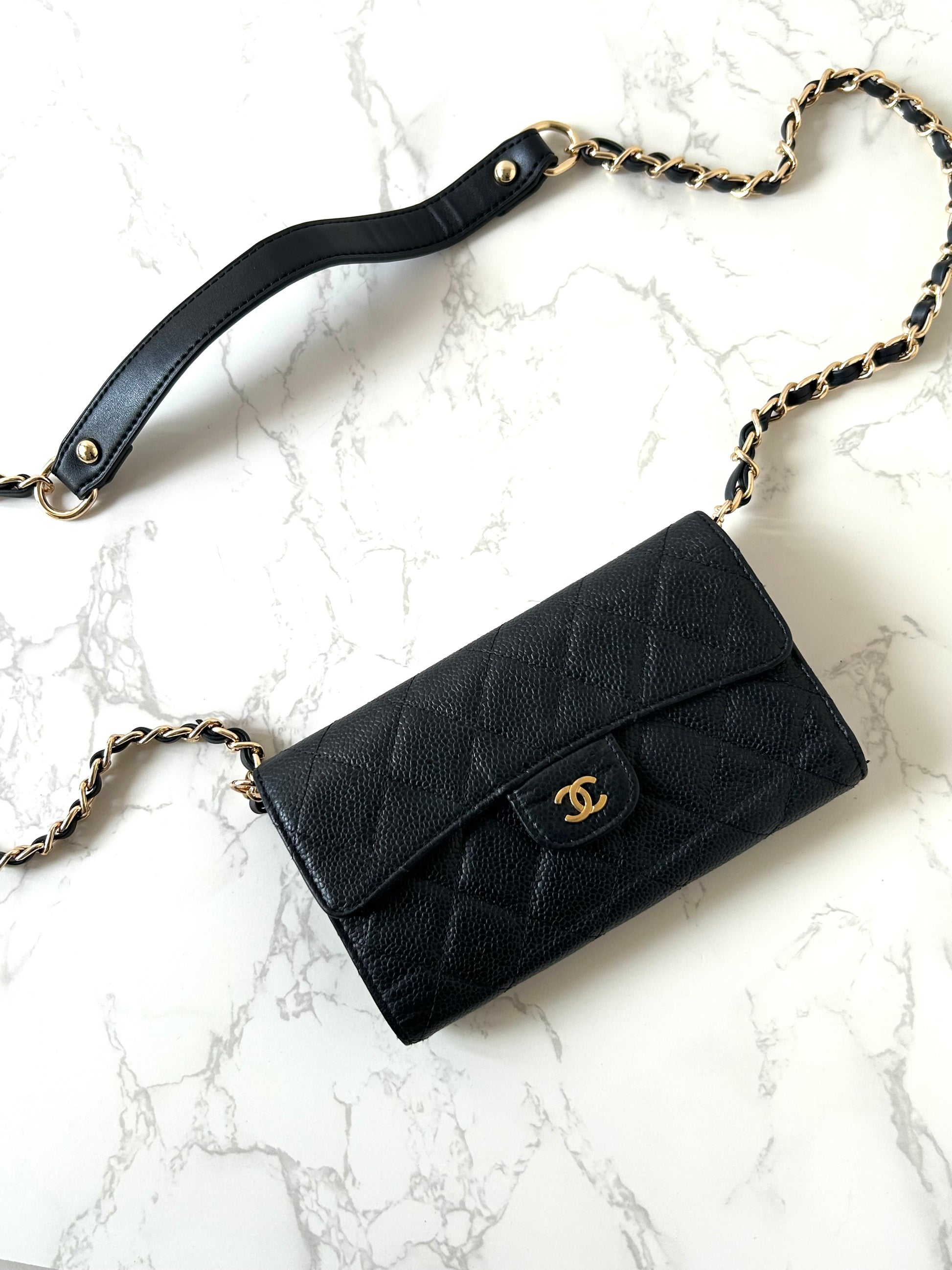 CHANEL Black Caviar Leather Gold Label WOC Long Wallet / Side Bag / Crossbody Bag