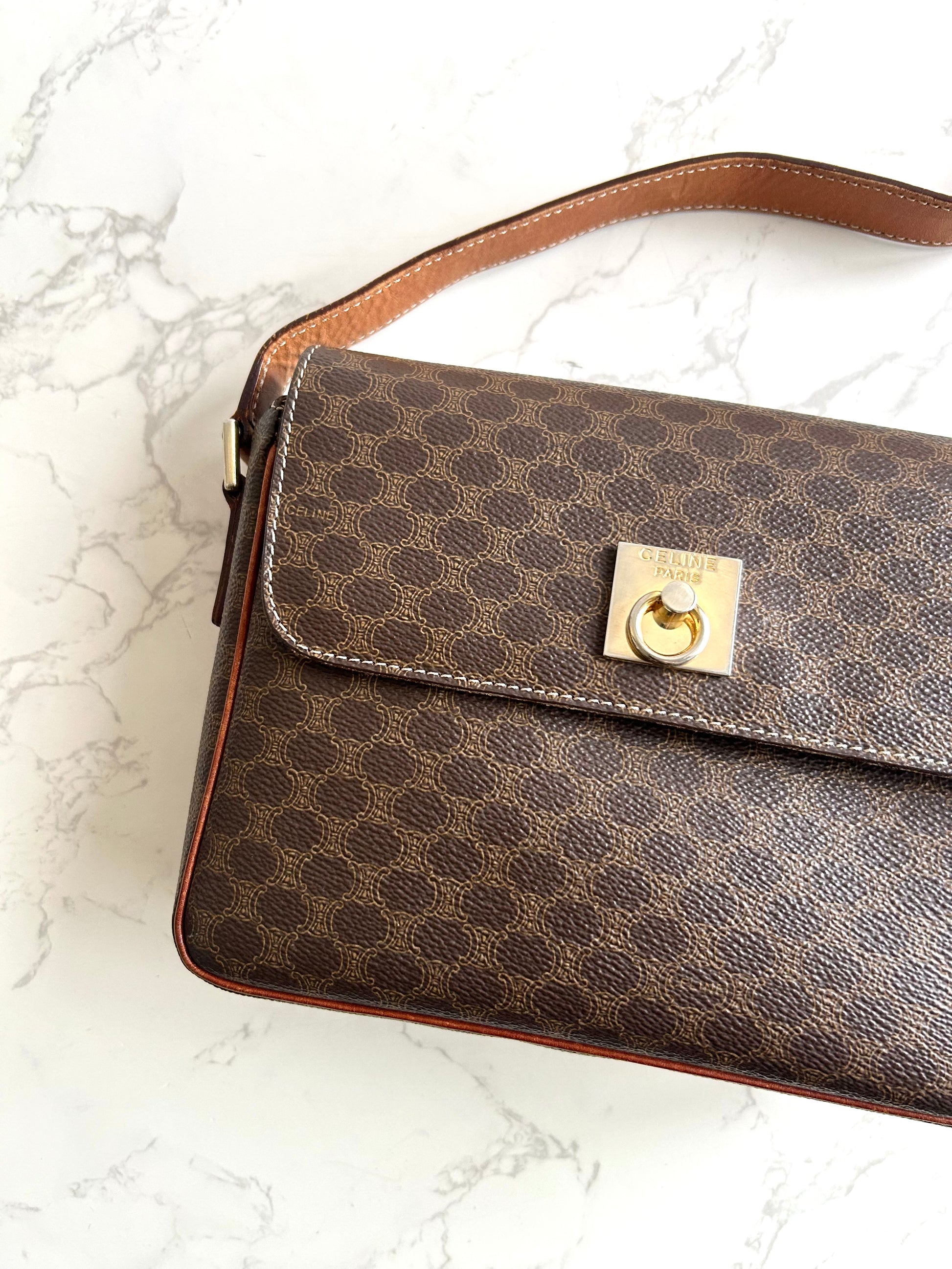 CELINE 咖啡色老花金扣豆腐盒子包/側背包/斜背包