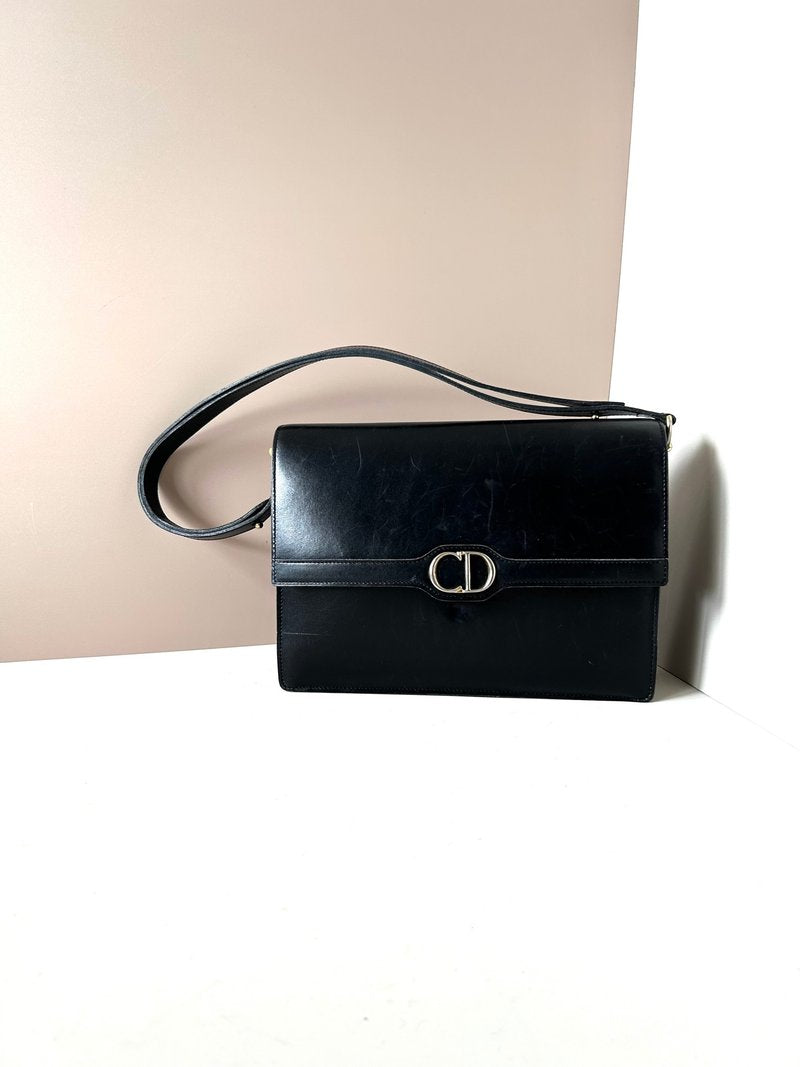 CHRISTIAN DIOR Rare black leather silver buckle flap side bag / short crossbody bag