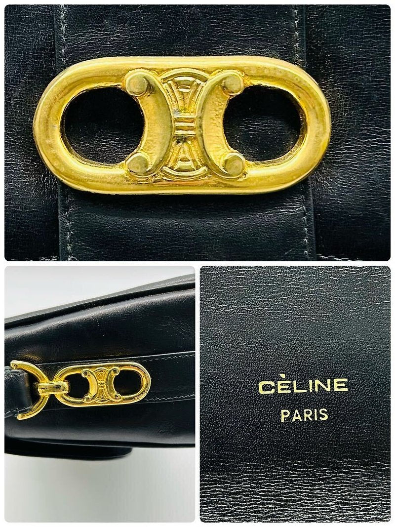 CELINE rare large gold Arc de Triomphe black saddle leather small bag / side backpack / shoulder bag