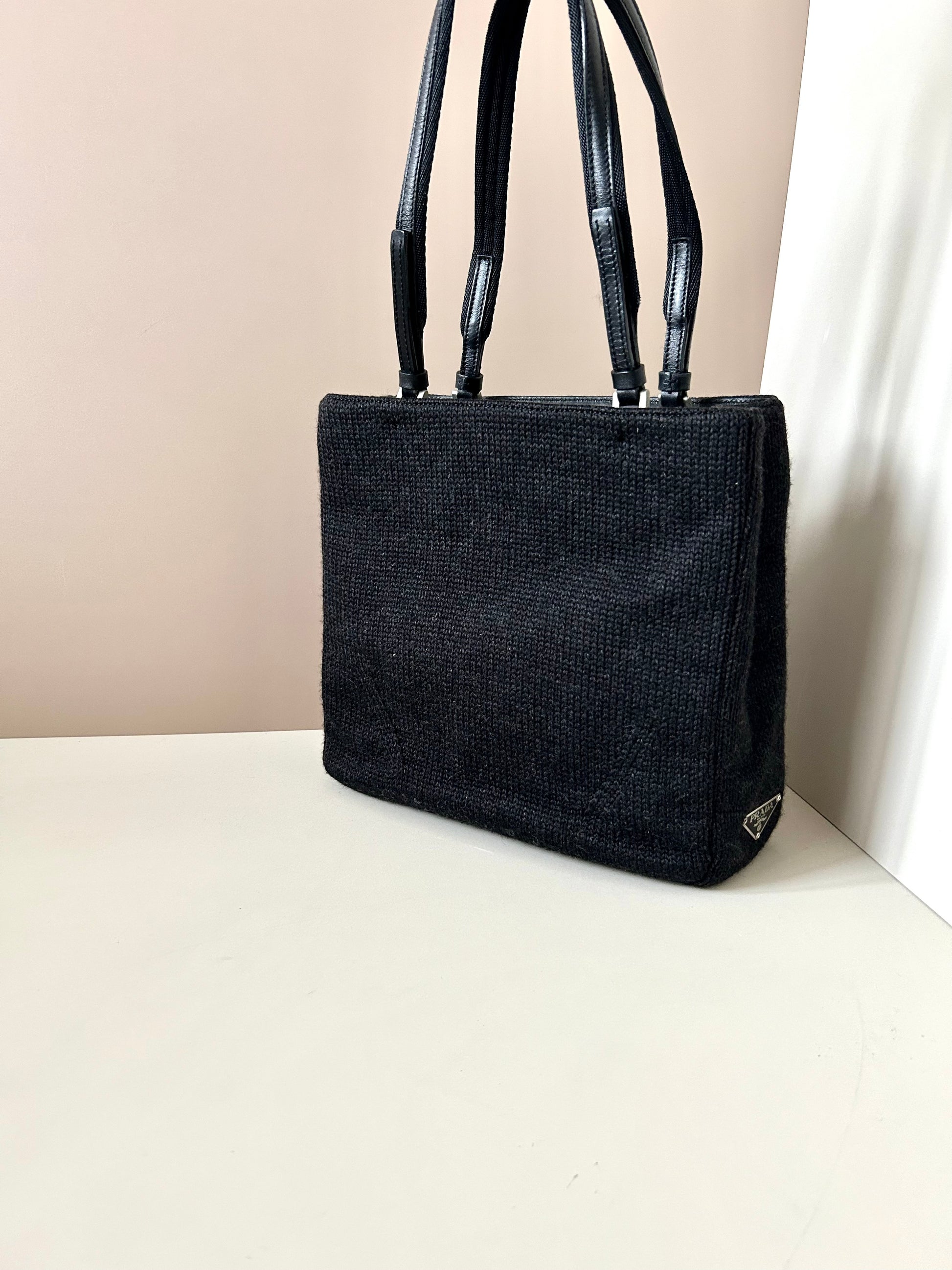 PRADA rare black woven small tote bag/shoulder bag/side backpack