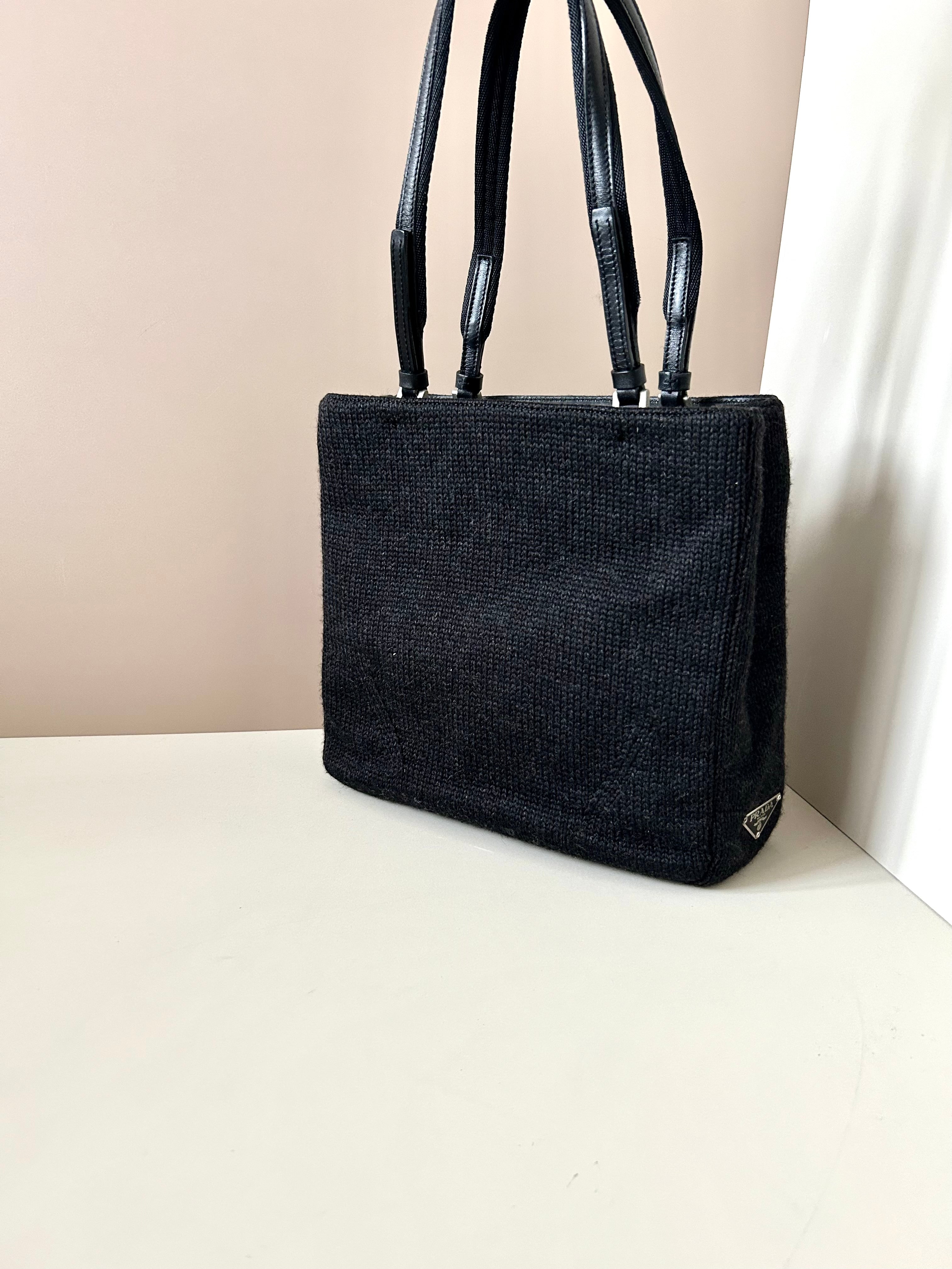 PRADA rare black woven small tote bag/shoulder bag/side backpack