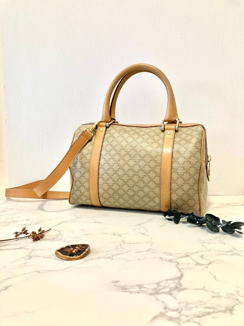 CELINE Beige Brown Old Flower Leather Boston Handbag/Side Bag/Messenger Bag