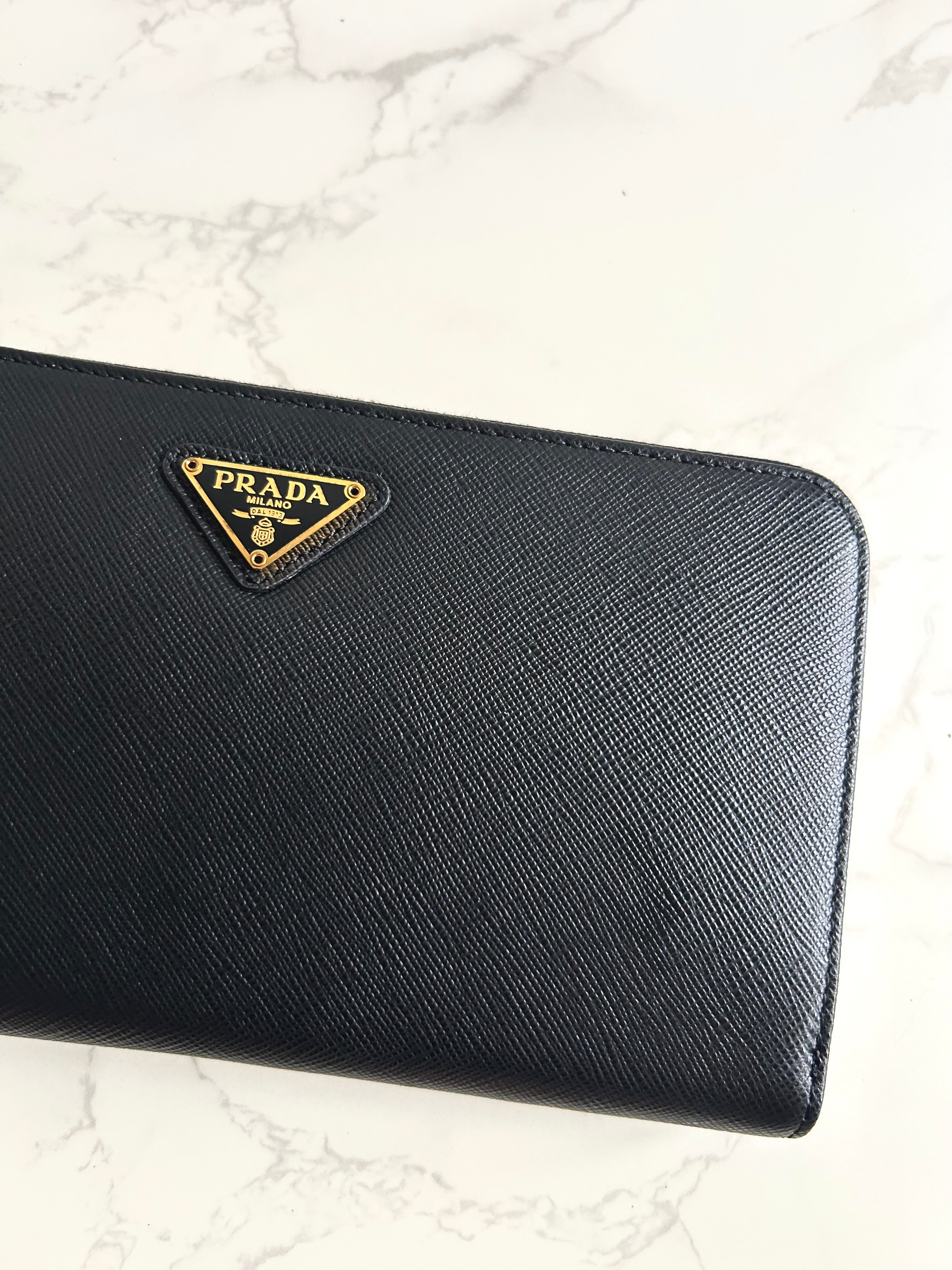 PRADA black gold triangle cowhide leather zipper long wallet/wallet/purse