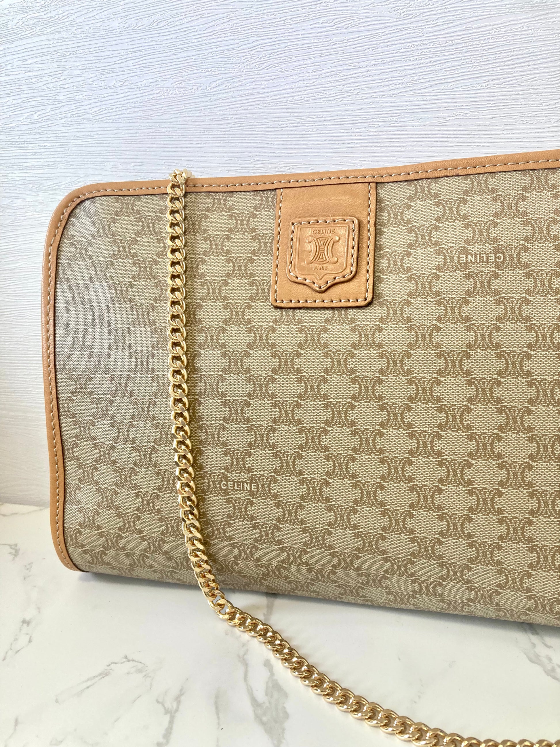 CELINE Beige Triomphe Monogram Chain Shoulder Bag