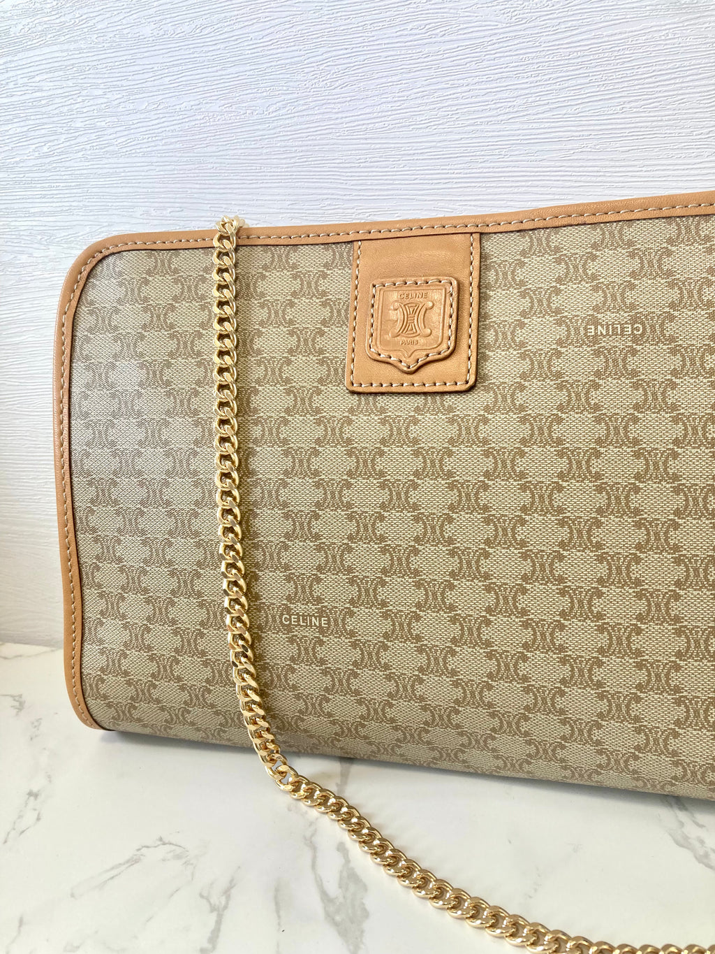 CELINE Beige Triomphe Monogram Chain Shoulder Bag