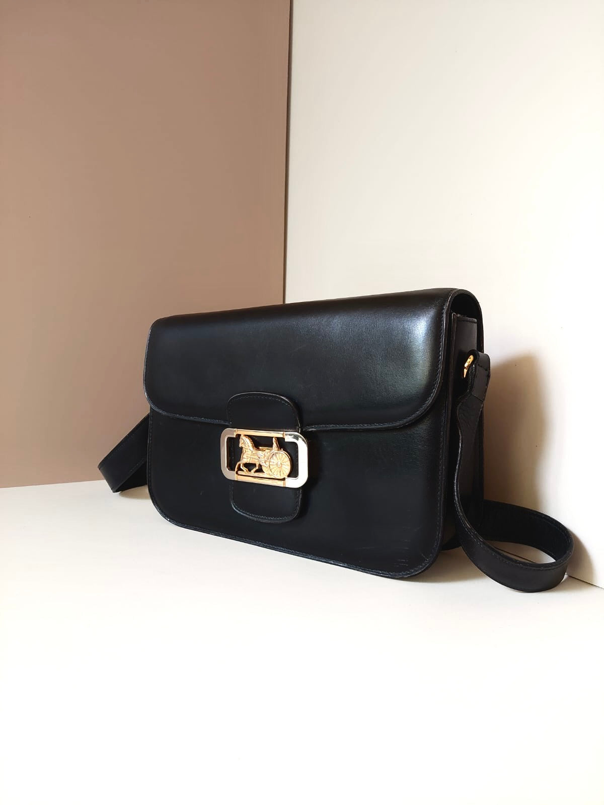 CELINE Classic Carriage Gold Buckle Black Leather Side Bag