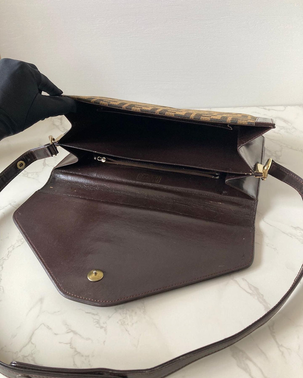 FENDI Zucchino rare brown old flower gold buckle side bag / underarm bag