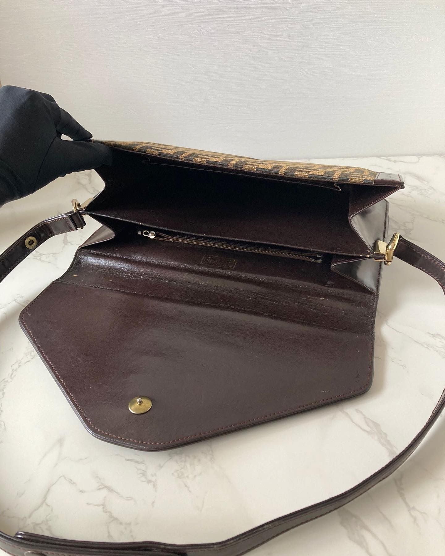 FENDI Zucchino rare brown old flower gold buckle side bag / underarm bag