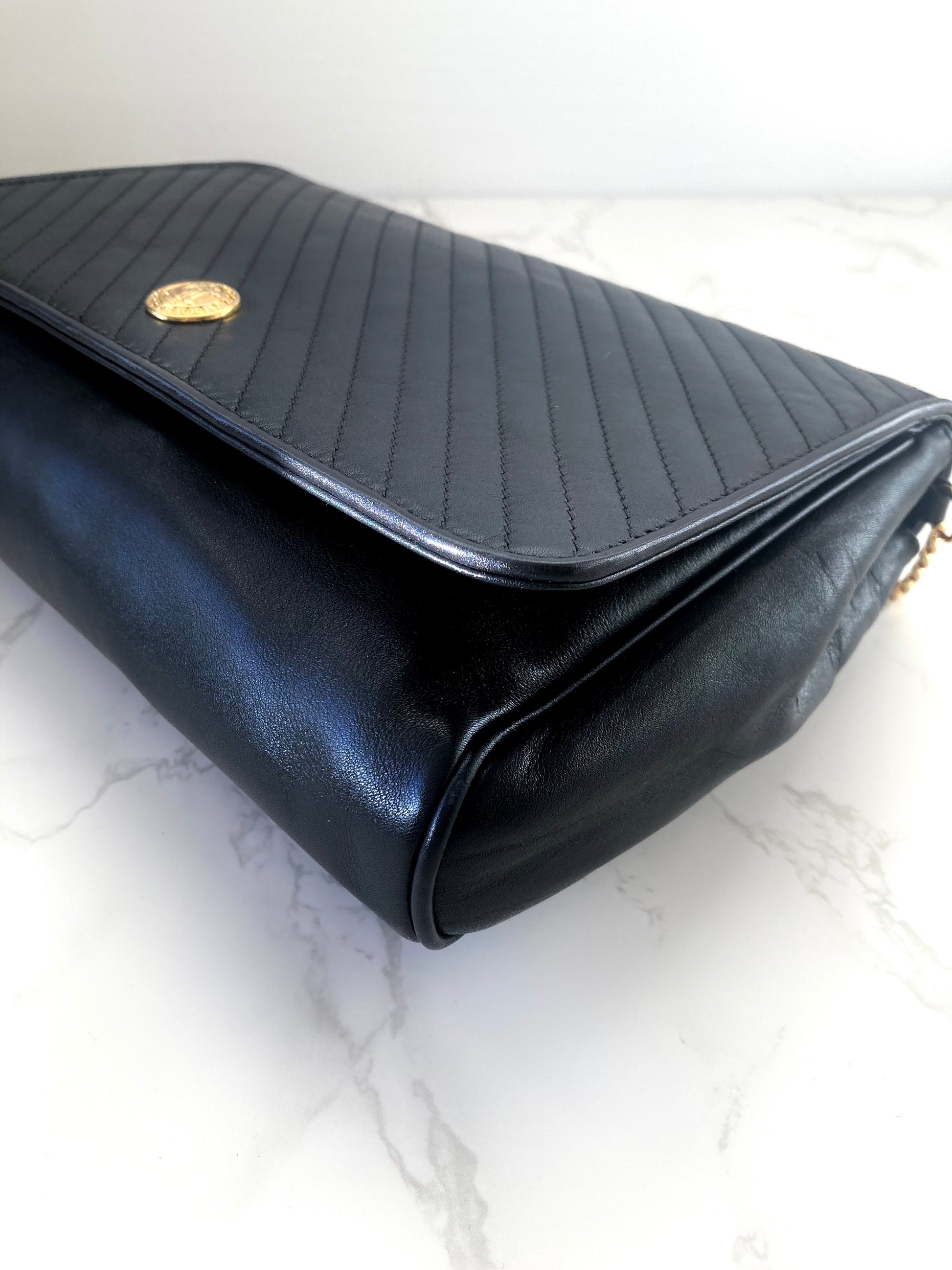 CELINE Rare Triomphe Gold Coin Black Leather Chain Crossbody Bag