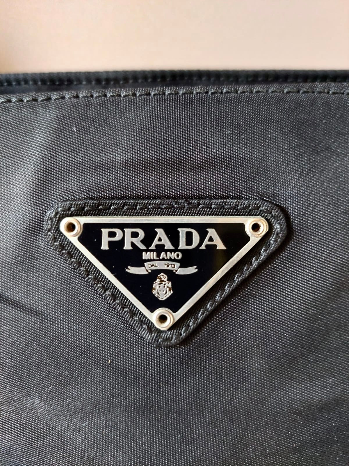 PRADA black silver triangle nylon tote bag/shoulder bag/handbag