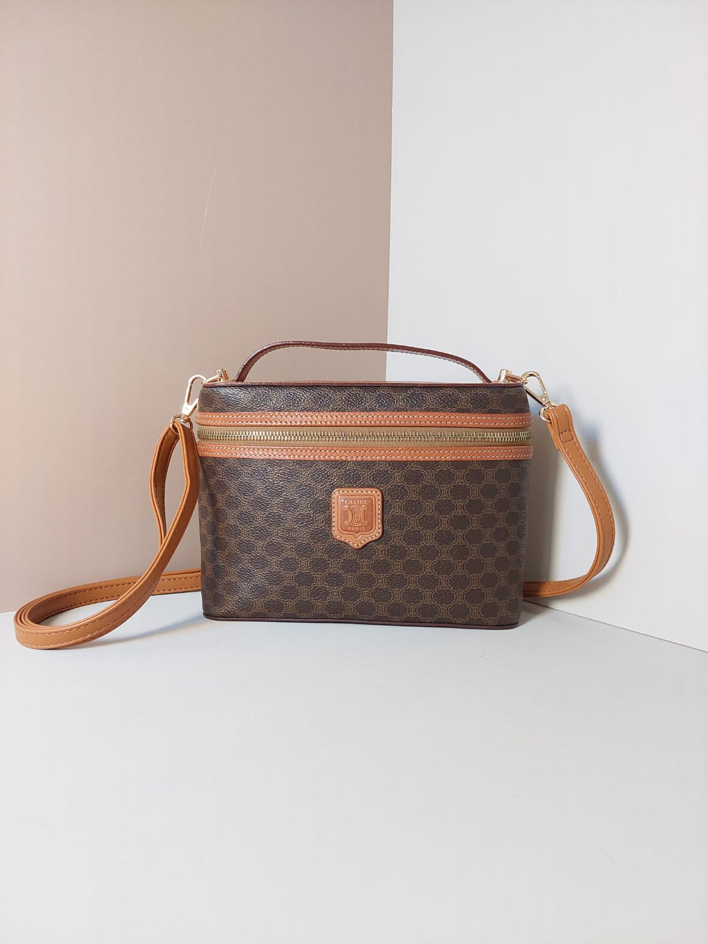CELINE Brown Old Flower Leather Vanity Box Bag/Side Bag/Messenger Bag/Clutch Bag