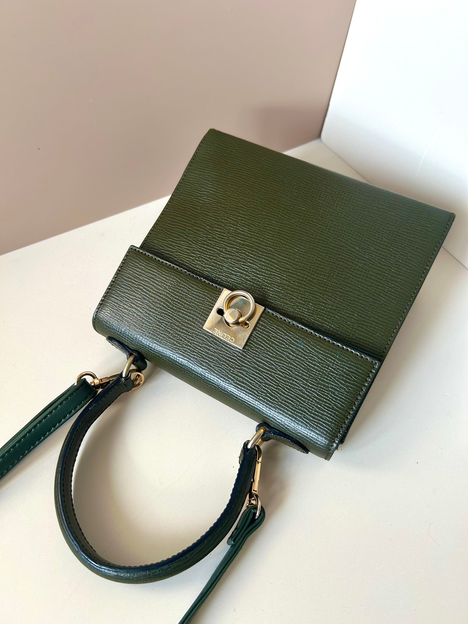 CELINE rare olive green gold buckle leather mini Kelly handbag/side bag/crossbody bag