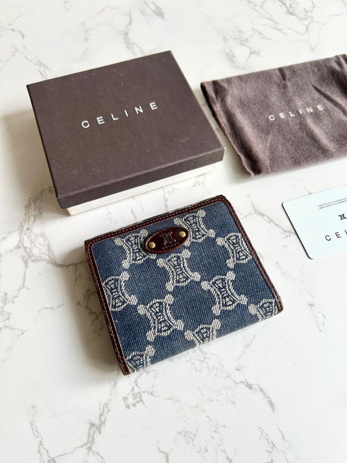 Celine 牛仔藍色老花凱旋門短夾 銀包 皮夾