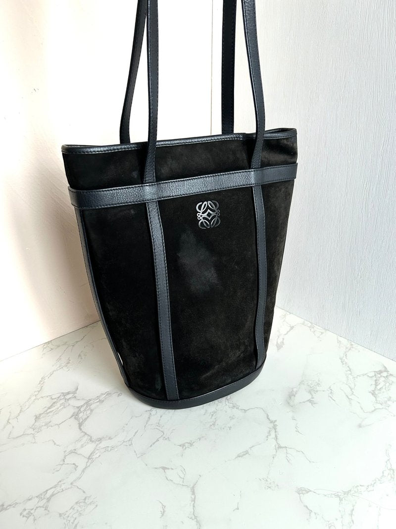 Loewe稀有黑色拼皮水桶包/托特包/側背包/單肩包