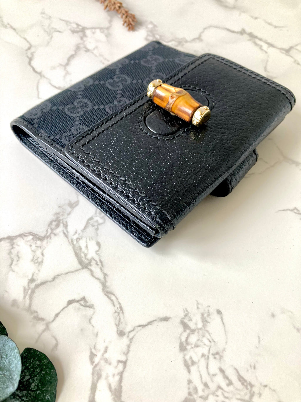 GUCCI Bamboo Black Monogram Compact Wallet