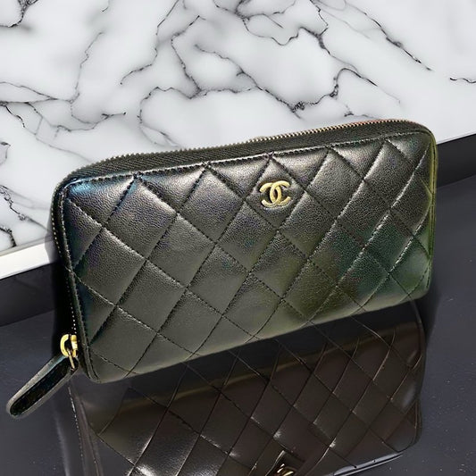 CHANEL 黑色金標羊皮皮革拉鍊長夾/錢包- 日本中古二手Vintage