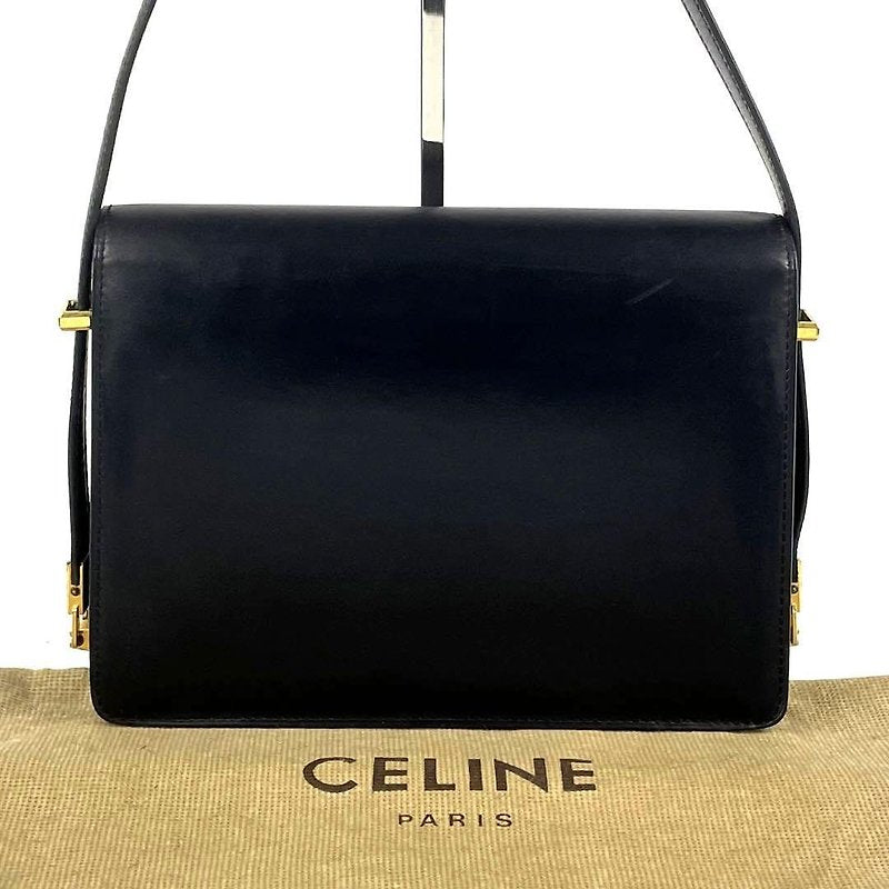 CELINE 稀有黑色金扣牛皮皮革翻蓋盒子小包/側背包/腋下包