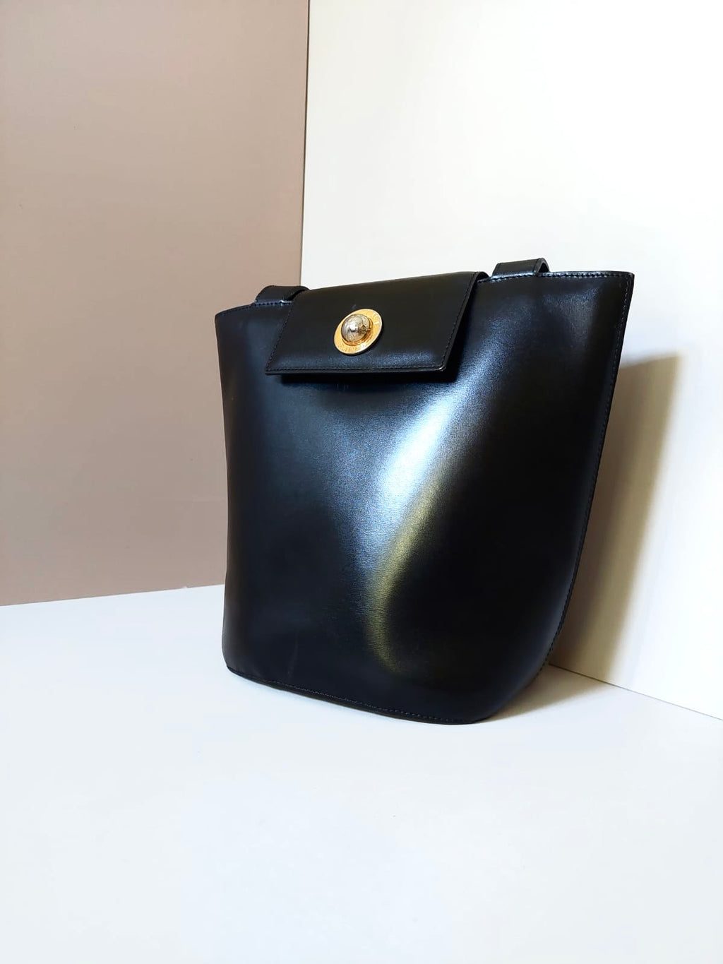 CELINE rare black and gold planet tote barrel bag / side backpack / handbag