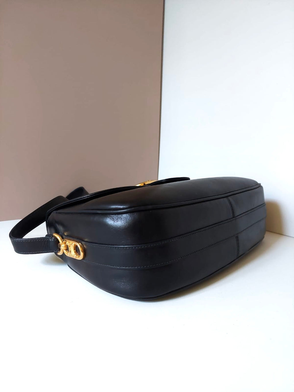 CELINE rare large gold Arc de Triomphe black saddle leather small bag / side backpack / shoulder bag