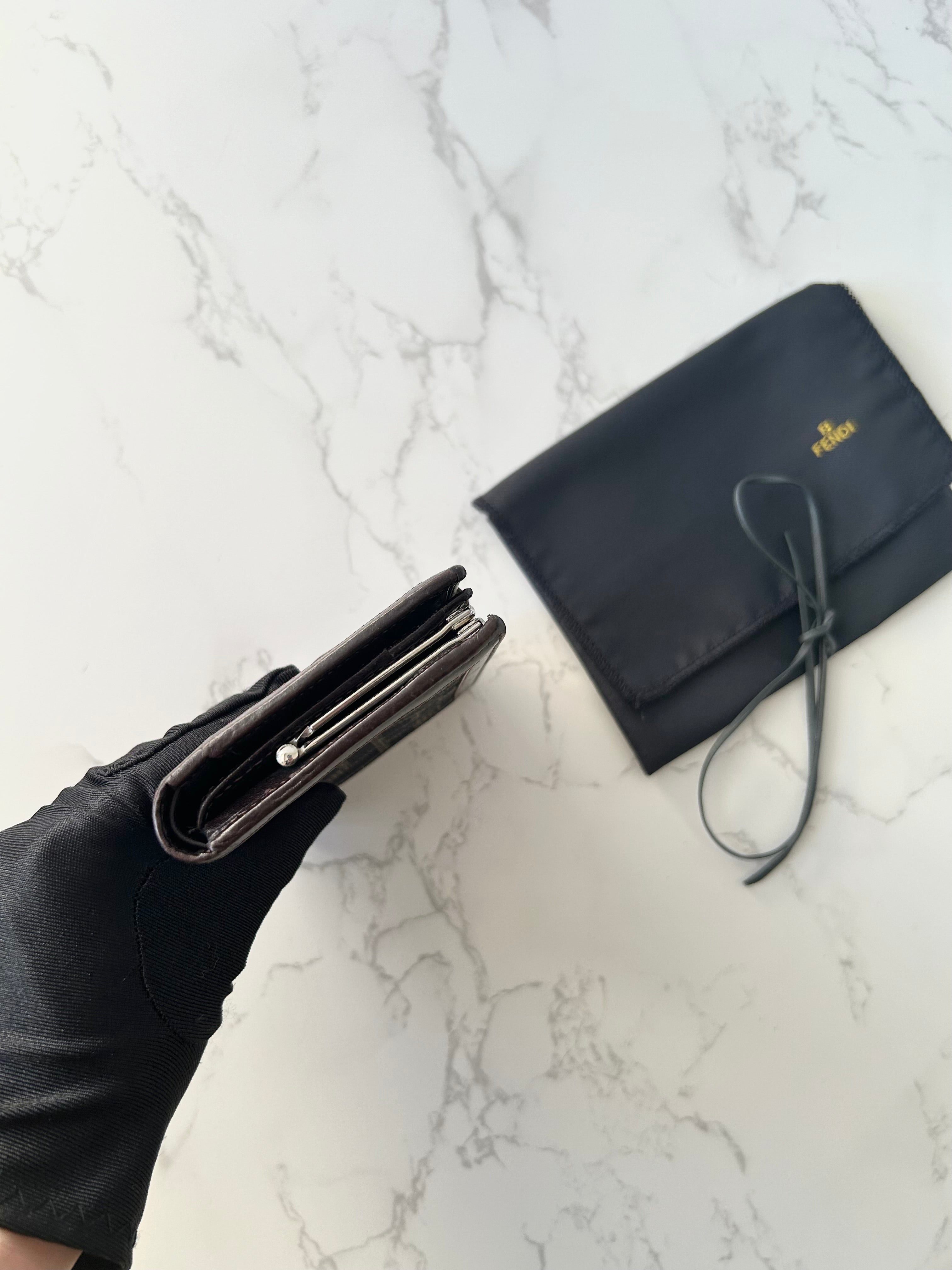 FENDI Zucchino Brown Monogram Bi-Fold Wallet/ Short Clip/ Coin Purse