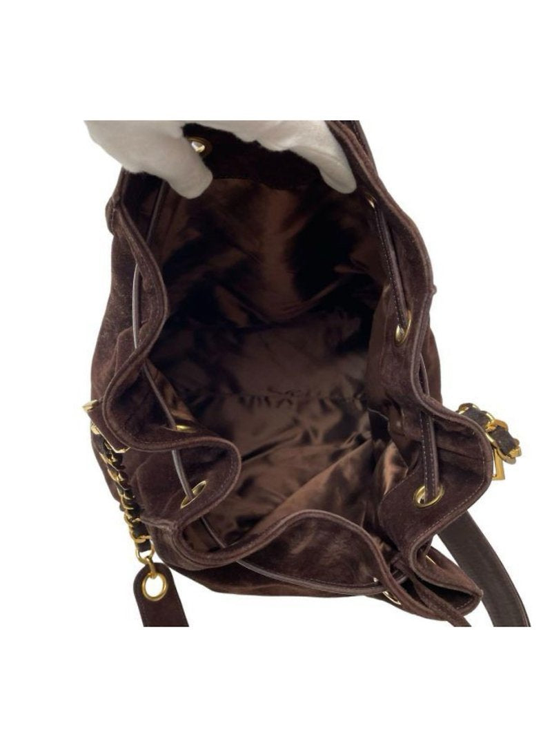 CHANEL complete accessories • Rare brown leather gold chain drawstring small bucket/side bag