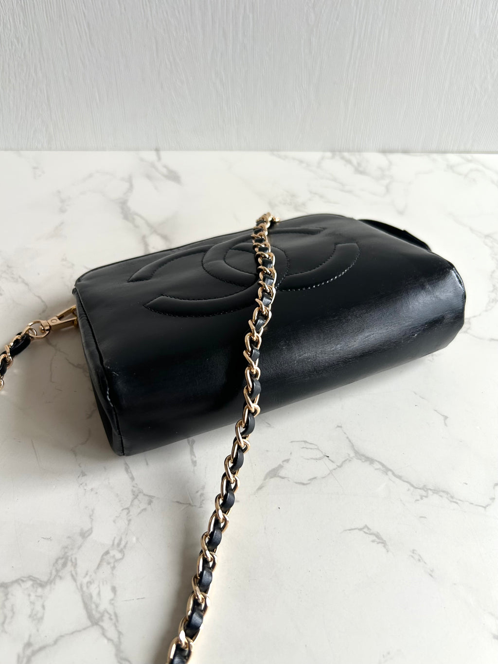 Chanel黑金色皮革斜背包 單肩包 側背包 中古包