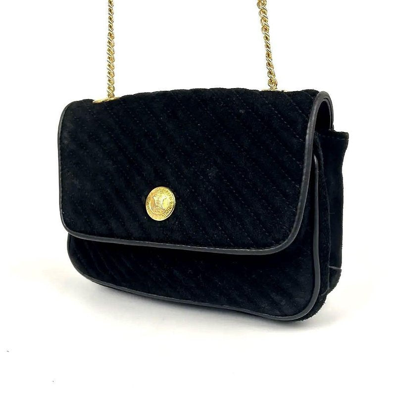 CELINE rare gold Arc de Triomphe badge black leather evening bag / side bag / oblique bag