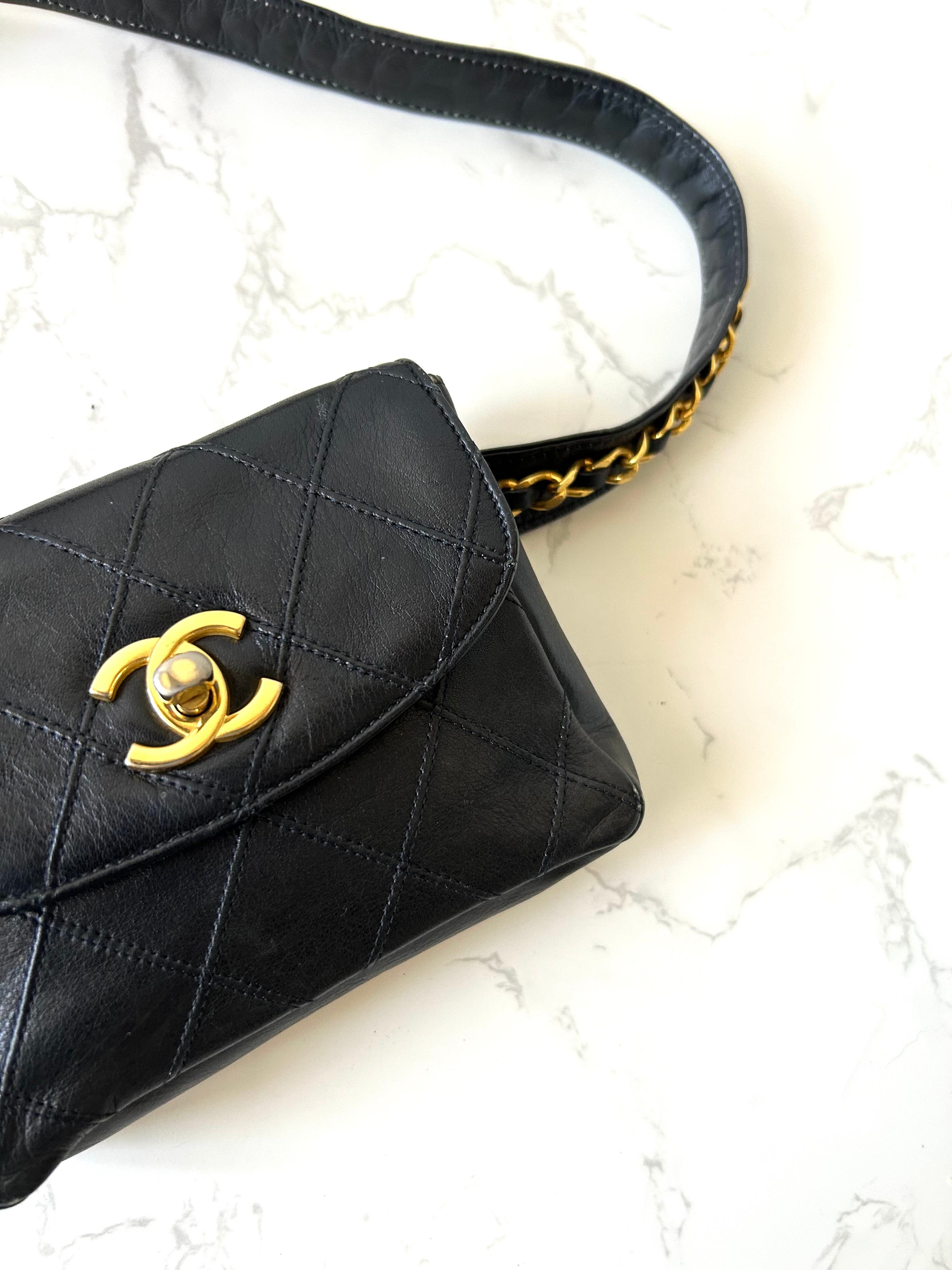 Rare CHANEL Matelassé Black Leather Gold Rotating Buckle Crossbody/Belt Bag/Shoulder Bag