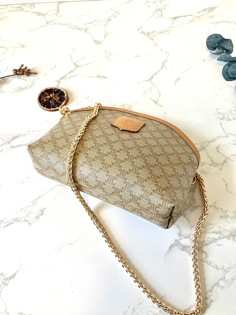 CELINE beige Arc de Triomphe old flower shoulder bag/oblique backpack/side backpack/clutch bag