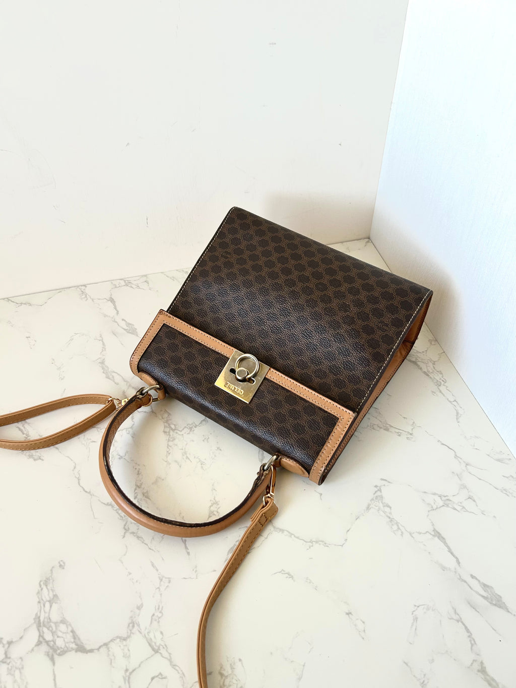 CELINE rare small brown old flower Kelly bag/side bag/crossbody bag/handbag