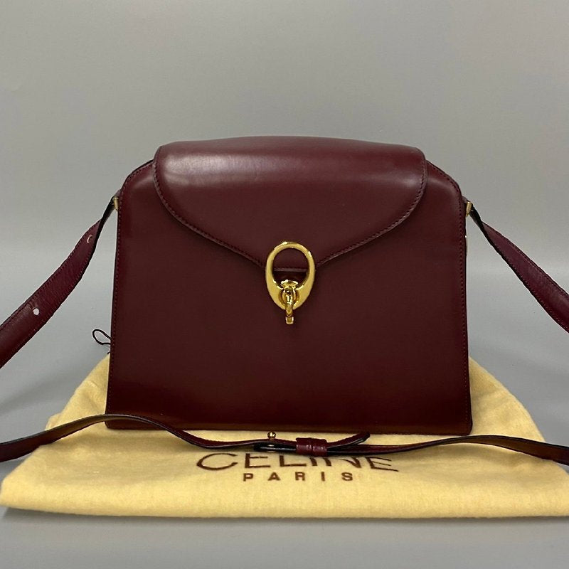 CELINE rare wine red double gold buckle leather box small bag/side backpack/underarm bag