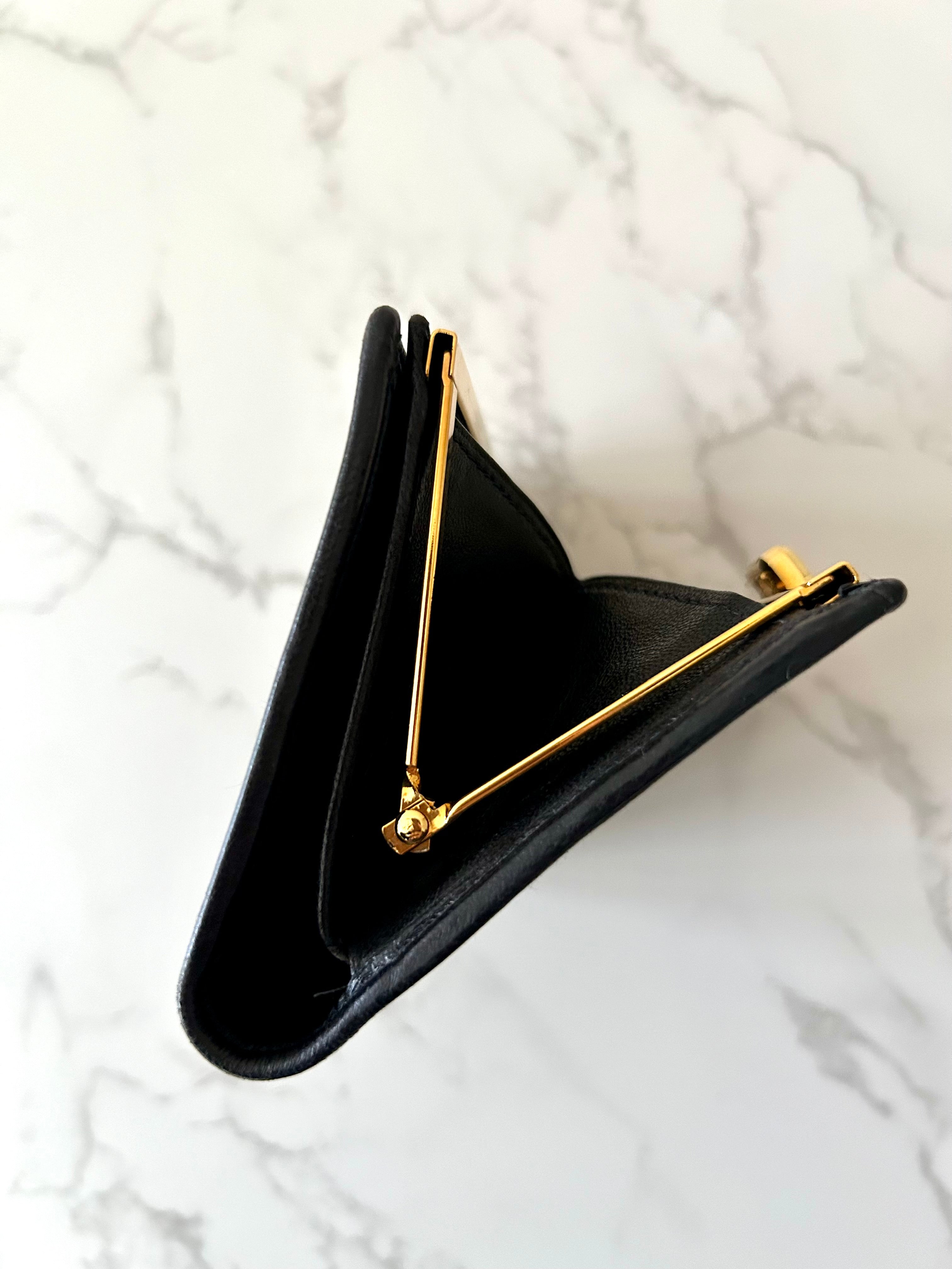 CHANEL rare black lambskin leather large gold buckle gold label short wallet / wallet