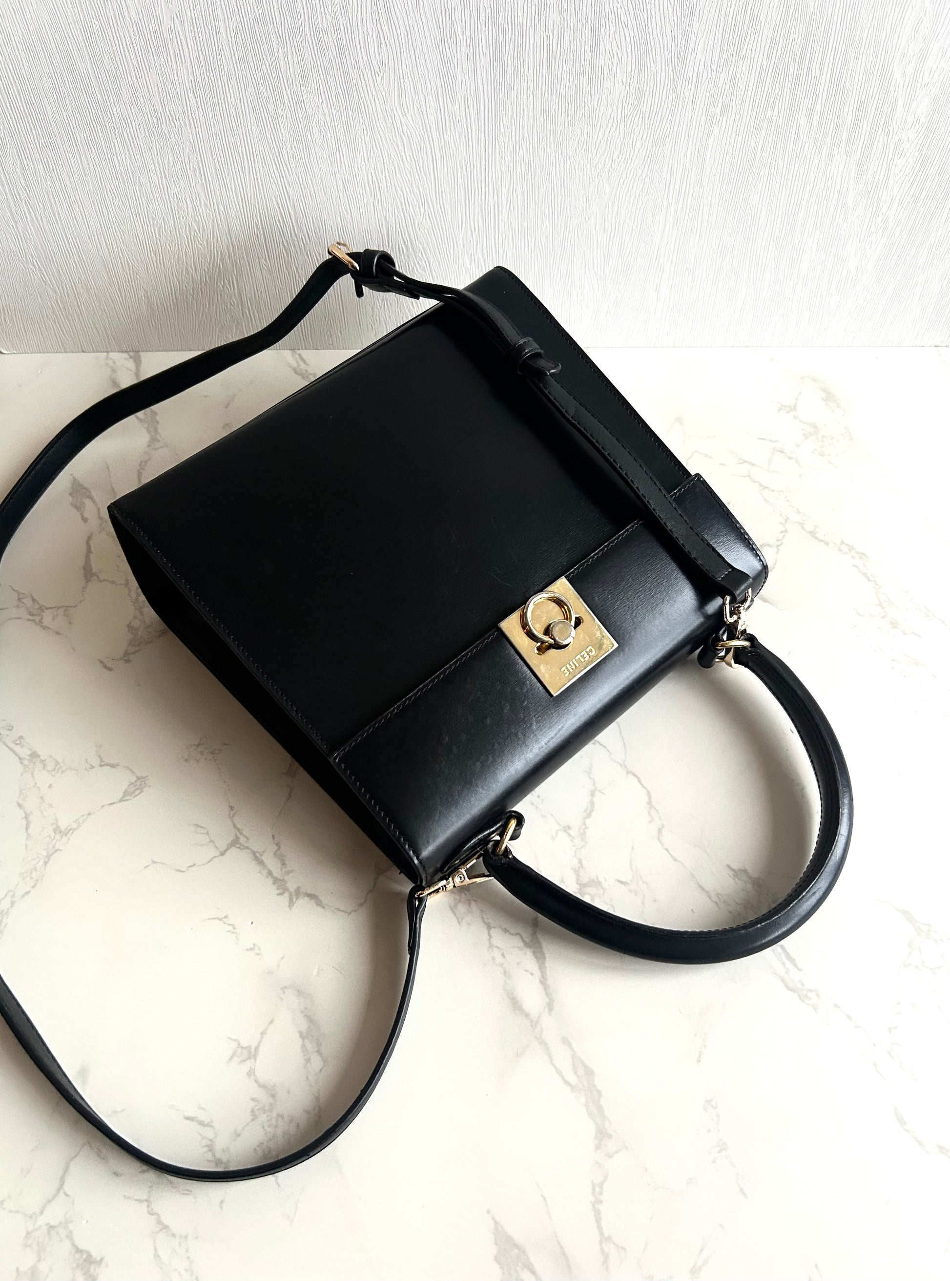 Celine 小號黑金Two-way凱莉包 皮斜背包 側背包 手提包