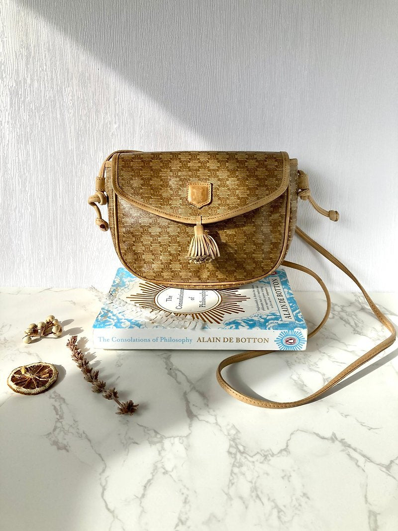 CELINE Brown Old Flower Leather Tassel Bobby Small Bag/Side Bag/Messenger Bag