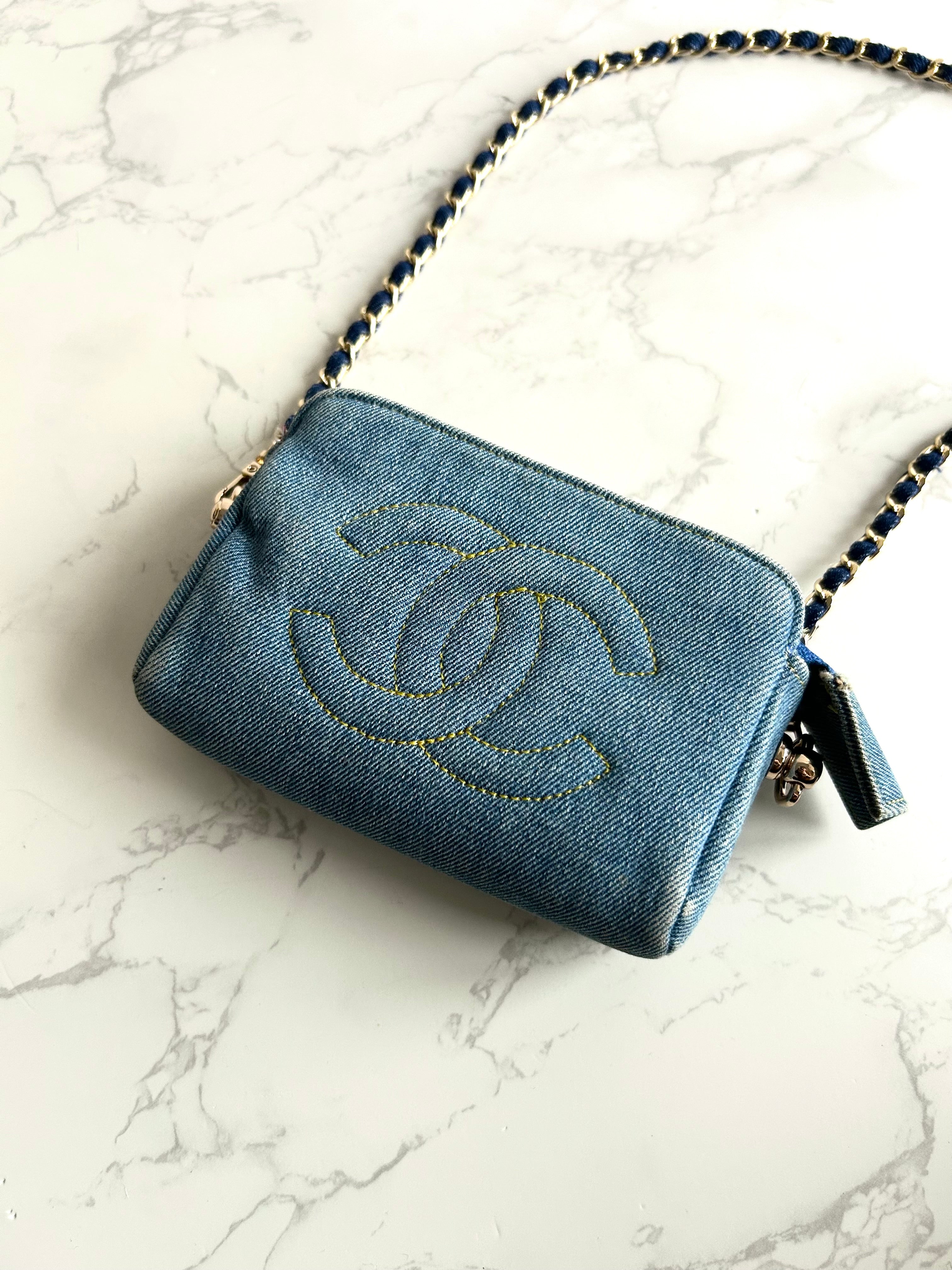 Extremely Rare Used Chanel Two-Way Topstitched Denim Bag Shoulder Bag Crossbody Bag