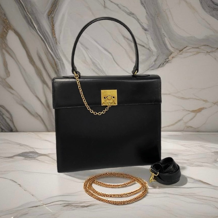 CELINE rare gold bracelet black gold buckle small Kelly leather side bag / handbag - Japanese second-hand Vintage