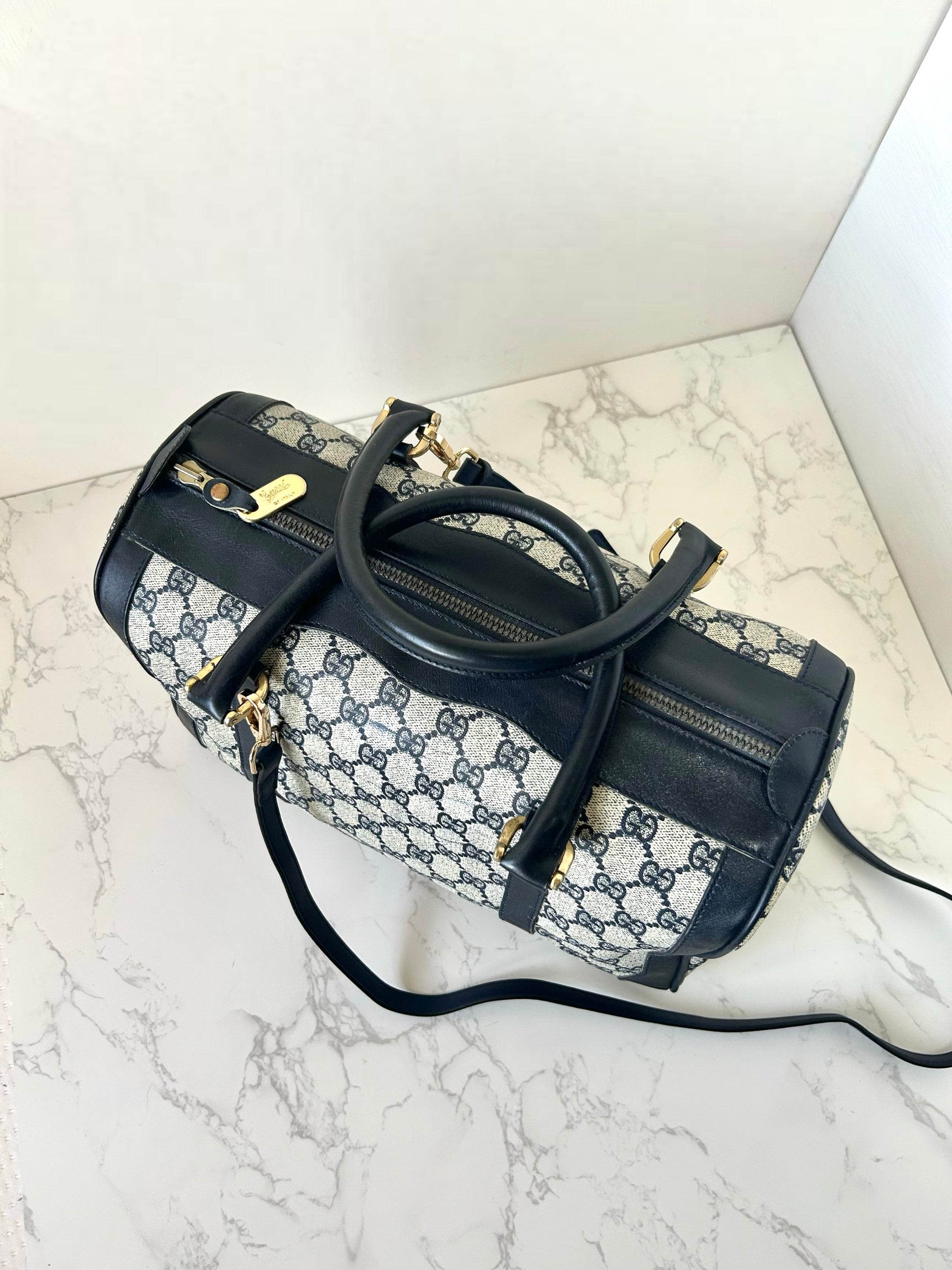 GUCCI 稀有藍黑色老花皮革波士頓包/側背包/斜背包