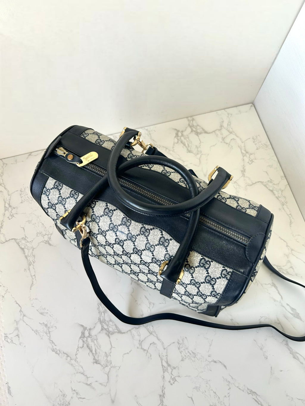 GUCCI 稀有藍黑色老花皮革波士頓包/側背包/斜背包