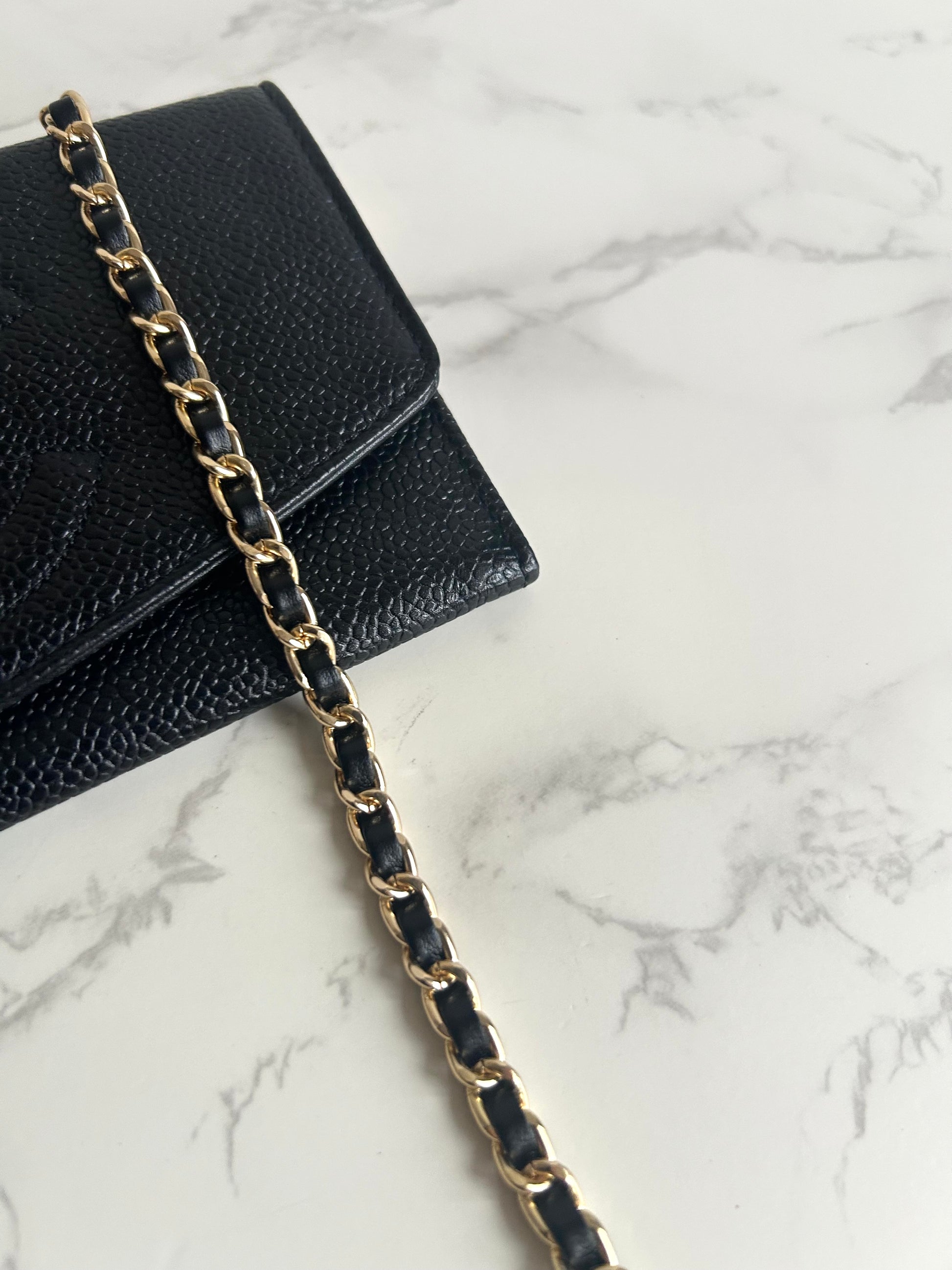 中古二手Chanel黑色魚子醬皮革WOC/側背包/斜背包/錢包