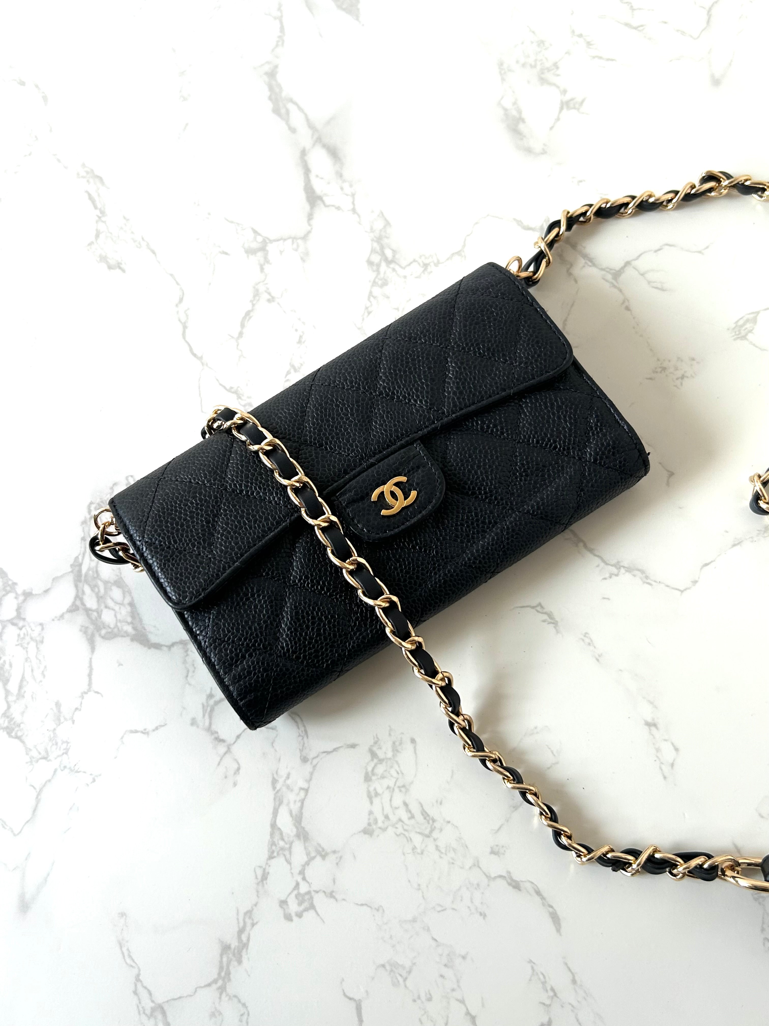 CHANEL Black Caviar Leather Gold Label WOC Long Wallet / Side Bag / Crossbody Bag