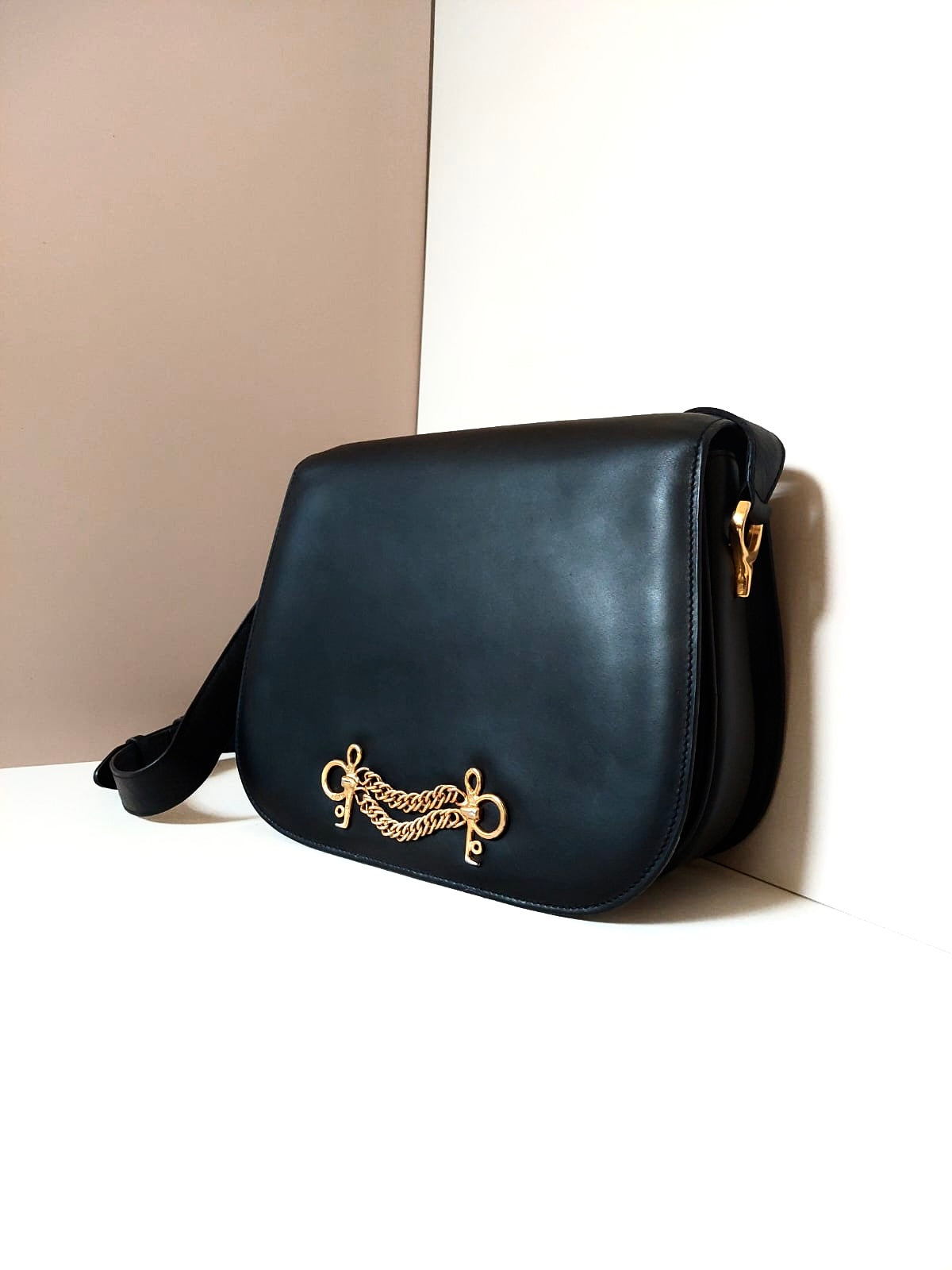 CELINE rare double twist gold buckle oblique bag / side bag